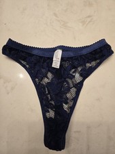 Vintage Victoria's Secret Dark Blue Lace Thong Signature Waistband Medium 1998