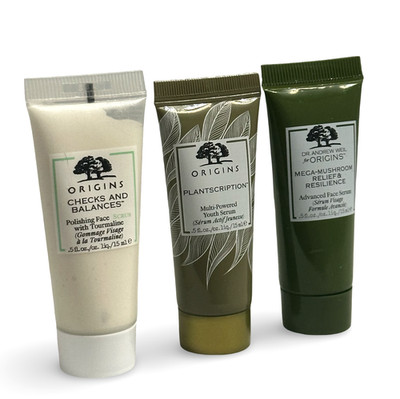 Origins 3 Piece Travel Minis Checks & Balances Face Scrub & 2 Serums 15mL NEW