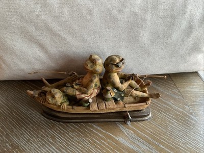 Vintage 3 Frogs Fishing in a Boat Resin 9''  Long Funny Figurine