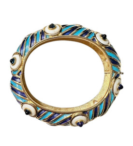 Authentic VINTAGE MARCEL BOUCHER WHITE & BLUE ENAMEL GOLD-PLATED GEOMETRIC BANGLE BRACELET