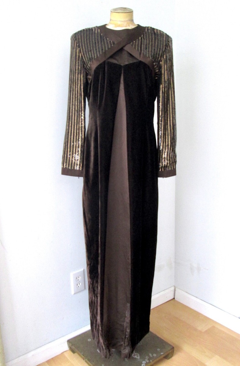 Vtg Escada Couture Brown Velvet Gold Sequin Formal Ball Gown 