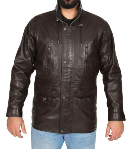 Mens Parka Real Leather Jacket Brown Overcoat With Black Trim Classic Car Coat - Picture 4 of 9