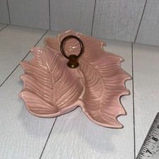 CERAMIC dish leaf shaped made in USA # 104 metal handle 11 X 9 pink