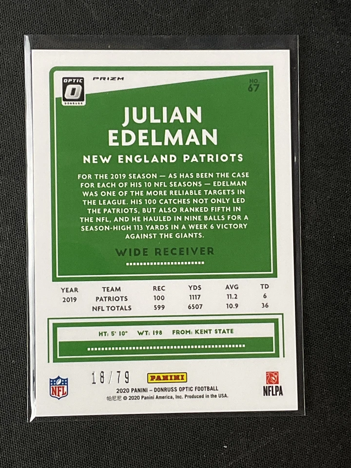 2020 Donruss Optic #67 Julian Edleman New England Patriots Pink Velocity /79 - Image 2 of 2