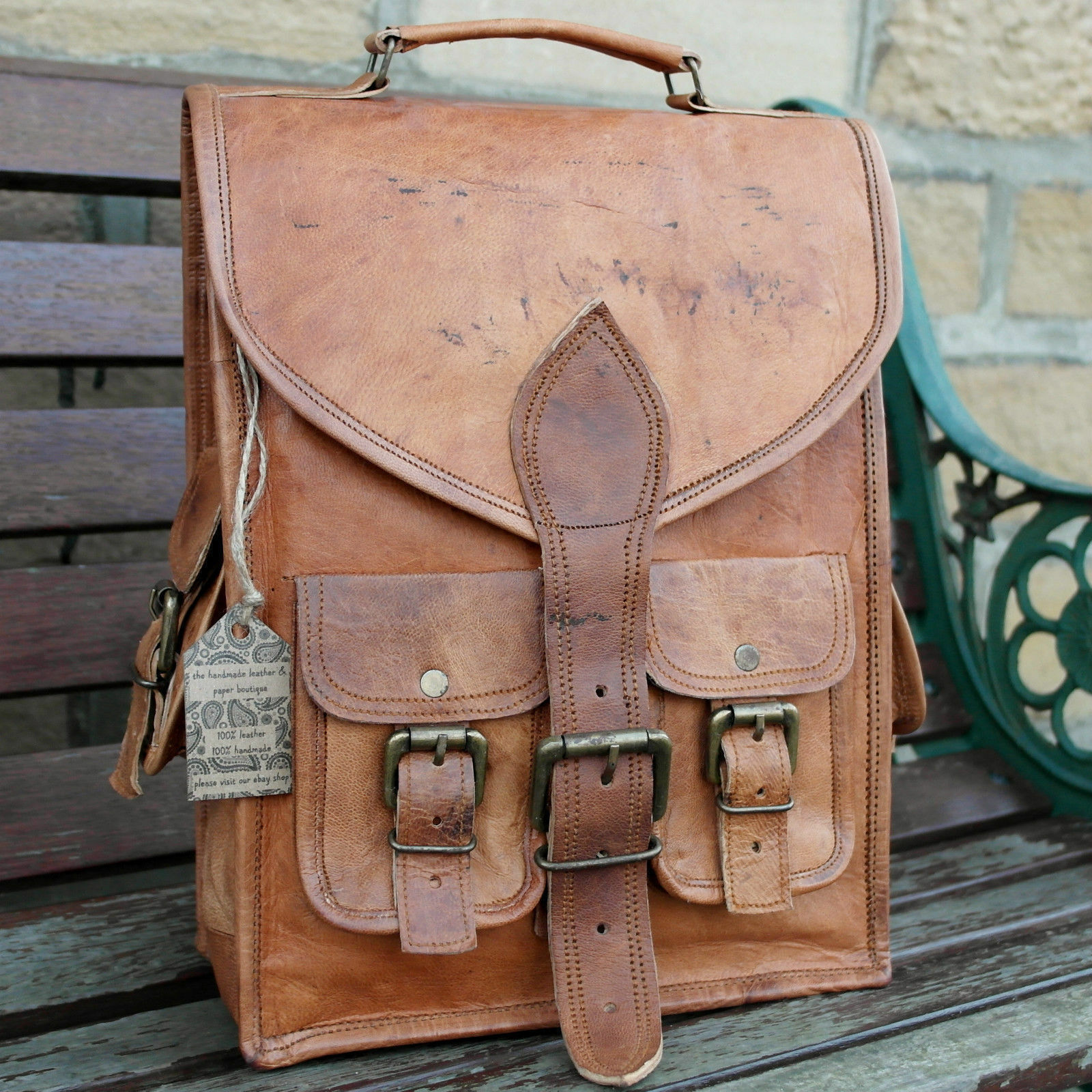 Vintage Genuine Leather Laptop Backpack Messenger Bag for Men