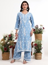 Women  s Blue Chikankari Kurta Palazzo Set Embroidered Ethnic Indian Suit Set