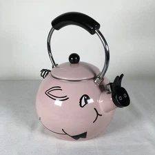 Vtg Kamenstein Pink Pig Whistling Tea Kettle Enamel Plastic Handle Curly Tail