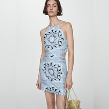Mango Light Blue Dress Black White Embroidery Halter Top Open Back size 6