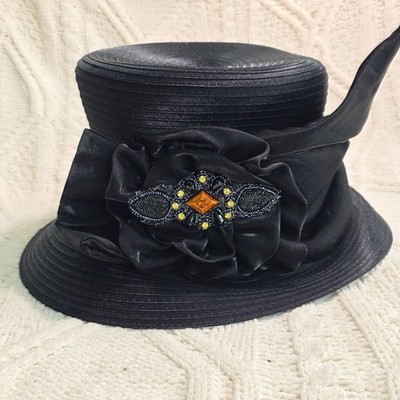 Giovannio Dress Hat Black Beaded Flower Cloche Church Derby 