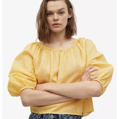 Mango MNG Peasant Top Women's Size S Yellow Ditsy Floral Puff Sleeve Boho Blouse