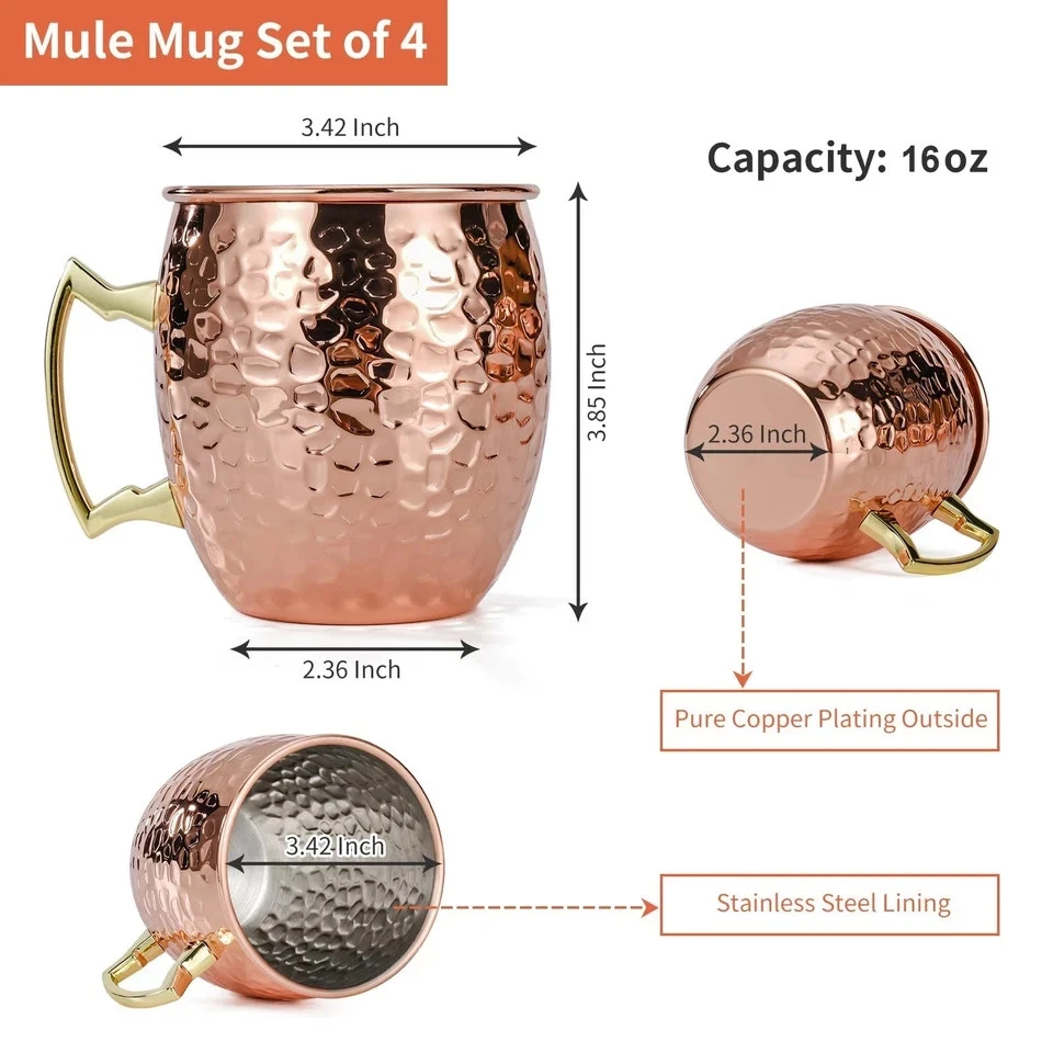 Juego de 4 tazas de cobre martillado Moscow Mule de 16 OZ con acero inoxidable 304... Foto 2 de 4