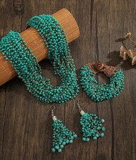Handmade Turquoise Beaded Jewelry Set Necklace Bracelet Earrings Round Beads