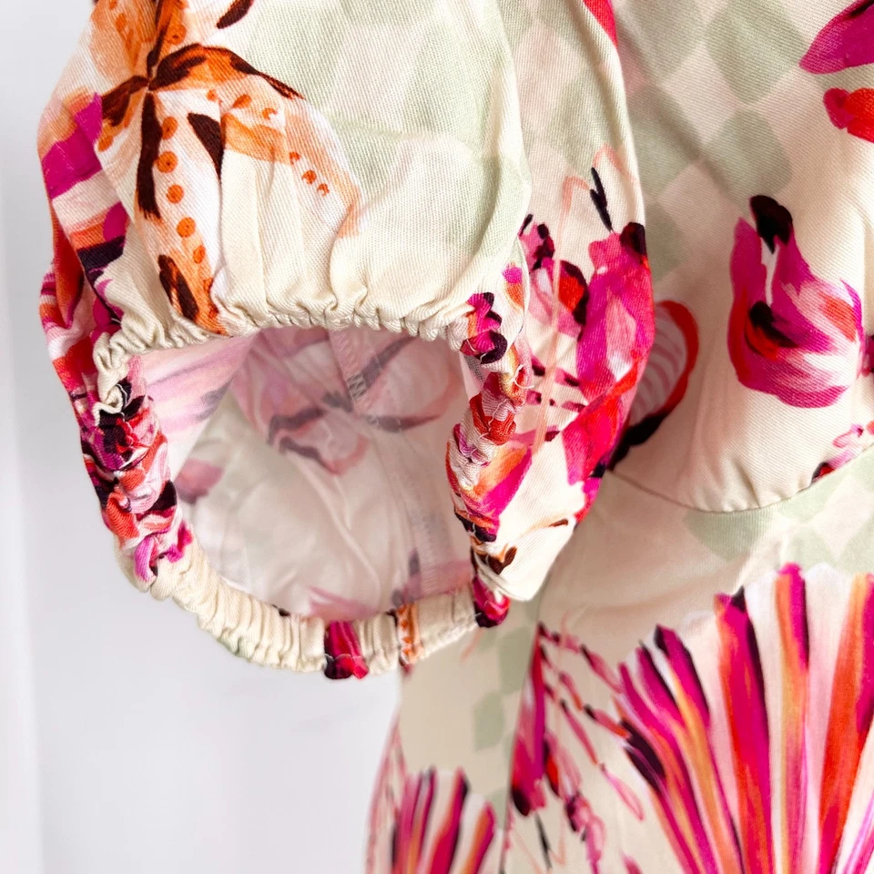 Jag Lobster Maxi Dress Size 10 Pink  Puff Sleeve V-Neck Slim Fit Beach New - image 3 of 4