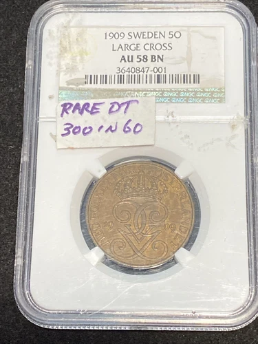 1909 SWEDEN 5 ORE LARGE CROSS AU 58 BROWN NGC