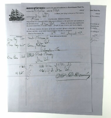 1857 Providence Tool Co. Bill of Lading for the Shipping Documents 2 pages