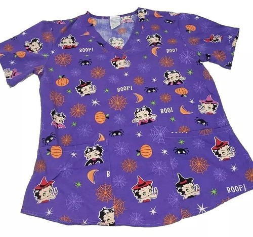 Betty Boop Damen Scrub Top Lila Extra Small Halloween Kurzarm Hexe