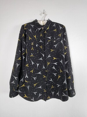 Karl Lagerfeld Women's Patterned Long Sleeve Casual Button Up Shirt Black Small