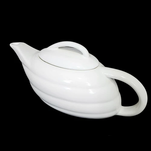 Vintage Bauer Pottery Aladdin Art Deco White Atomic Ceramic Teapot & Lid