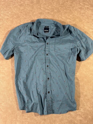 Prana Mens Slim-Fit Button Up Short Sleeve Fruit Print Cotton Blue Shirt XL