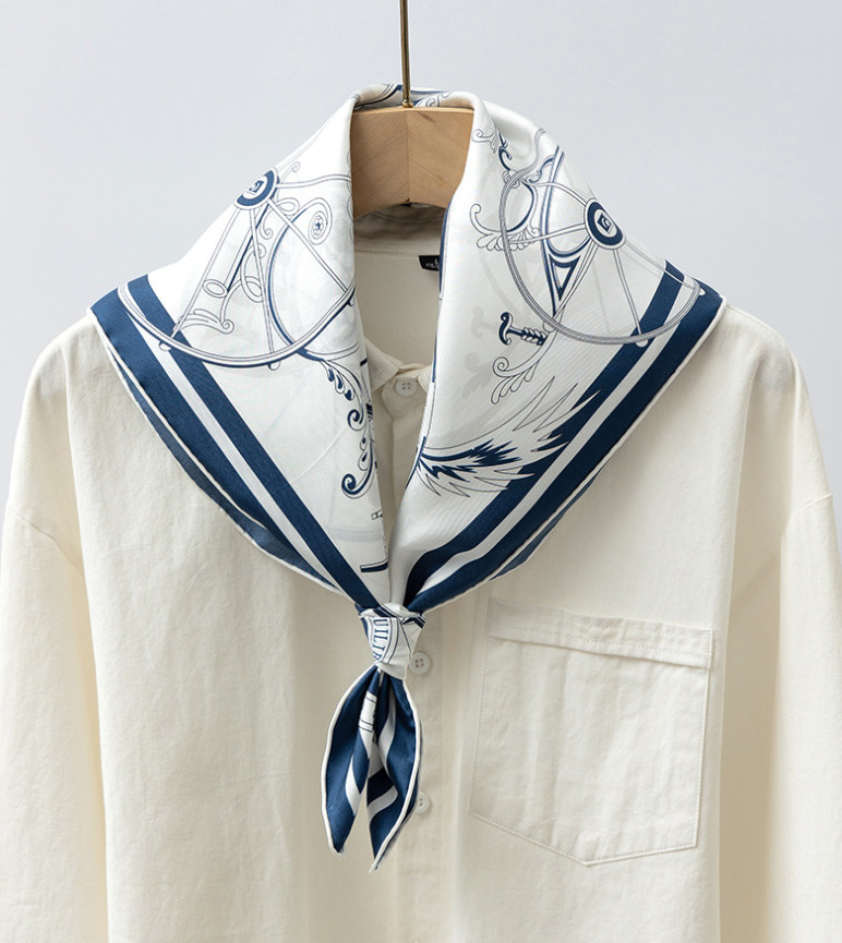 Pure 14 Momme Twill Silk Bandanna Scarf Wrap carriage Print Square Shawl 27