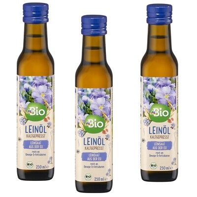 3x 250ml dm Bio Leinöl, kaltgepresst Glutenfrei Laktosefrei, Ohne Aromastoffe Öl
