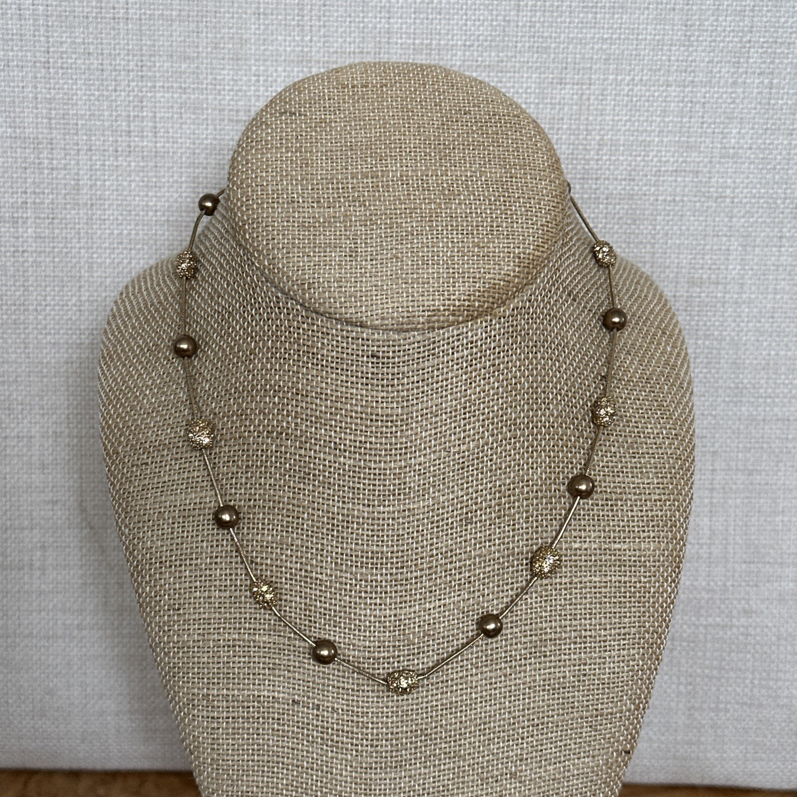 16” Gold Tone Station Necklace Gold Rhinestone Beads - Gem