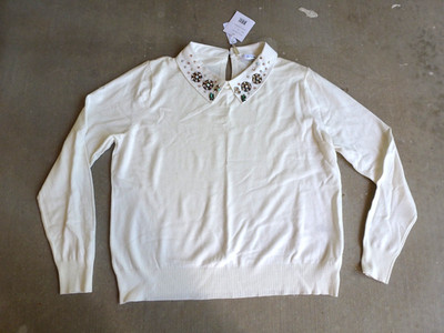 Siani Milano LUCSIOUS Womens Sweater XL White Peter Pan Collar Rhinestones