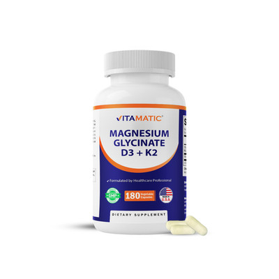 Magnesium Glycinate 200 mg (Elemental) with Vitamin D3 5000 IU & K2 200 mcg-180