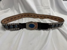Vintage Black Leather Belt Turquoise Buckle Western Southwest Rodeo Cowboy 42  