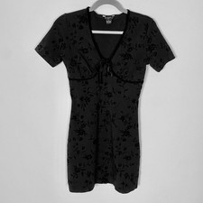 Y2K Vintage Guess Black Floral Burnout Velvet Mini Dress Babydoll Tie Front S