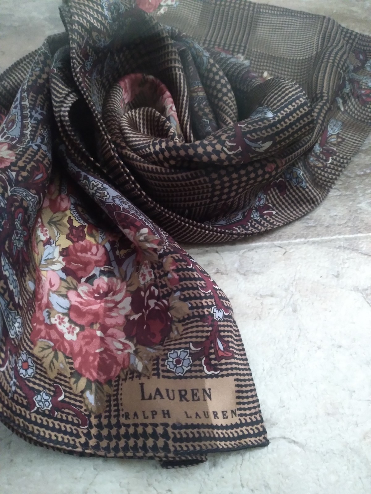 Vintage Lauren Ralph Lauren Silk Scarf Rectangle 11 x 58in Brown Red Floral