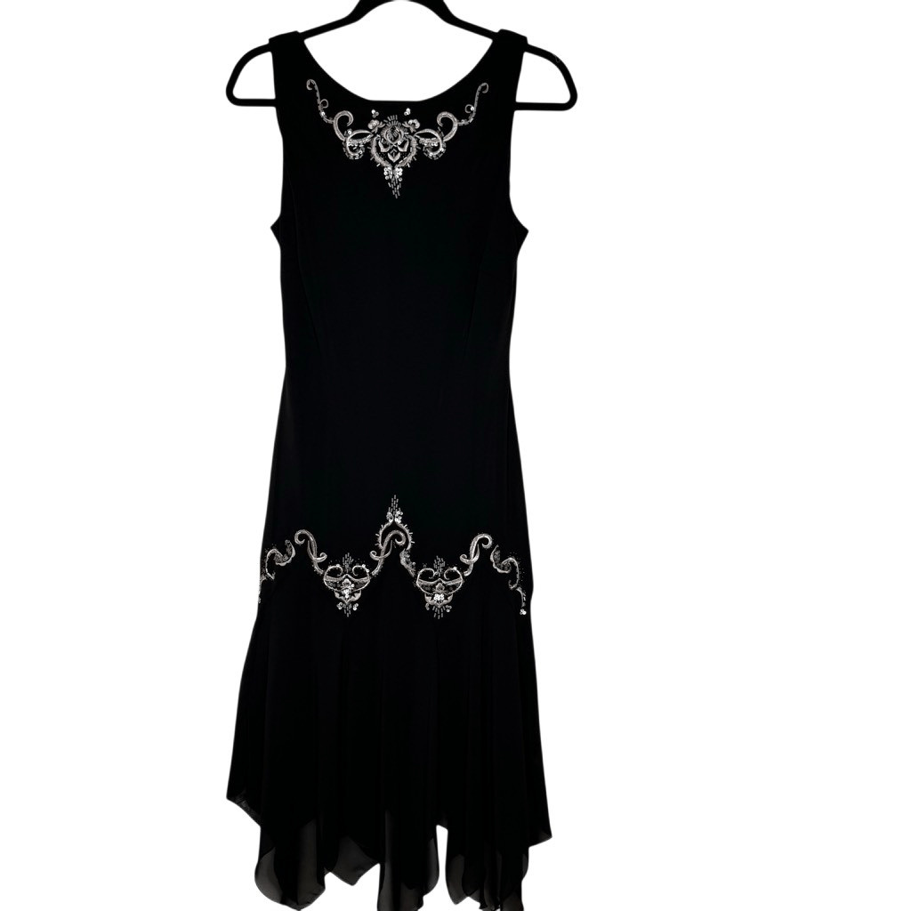 SL Fashions Blk Chiffon Y2K Embroidered Dropped Waist Handkerchief Hem Sz12