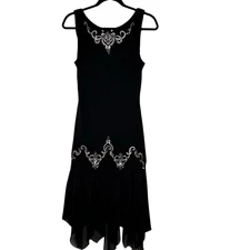 SL Fashions Blk Chiffon Y2K Embroidered Dropped Waist Handkerchief Hem Sz12