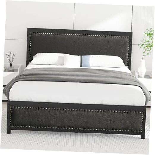 Upholstered Linen Full Bed Frame with Sturdy Headboard and Footboard