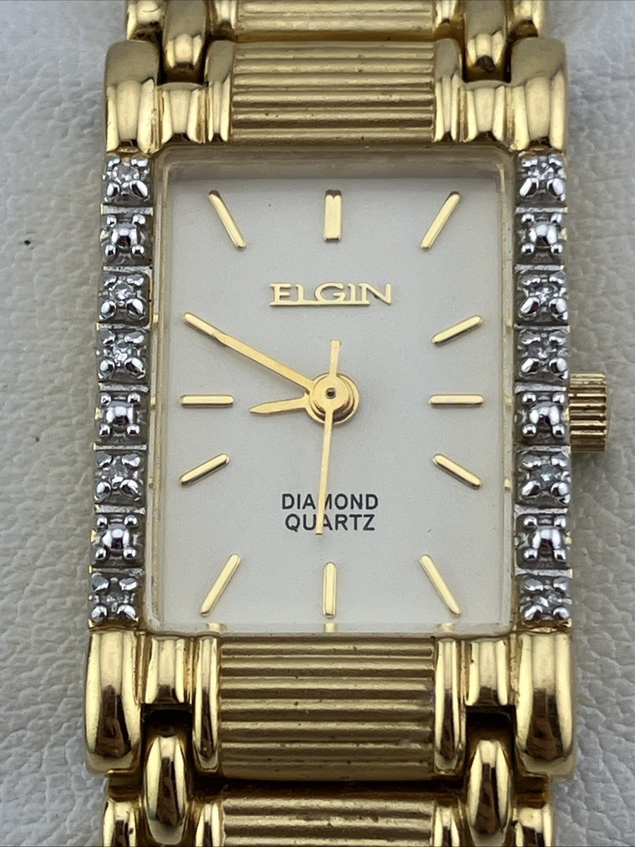 Vtg Elgin Ladies 17mm Watch Gold Tone Diamond Bezel Gold Dial 6.25
