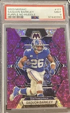 2023 Panini Mosaic Football Saquon Barkley Purple No Huddle Mosaic /50 PSA 9