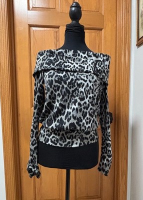 BCX Gray Leopard-Print Long Sleeve Top Cowl Neck Sweater Size Medium (M)