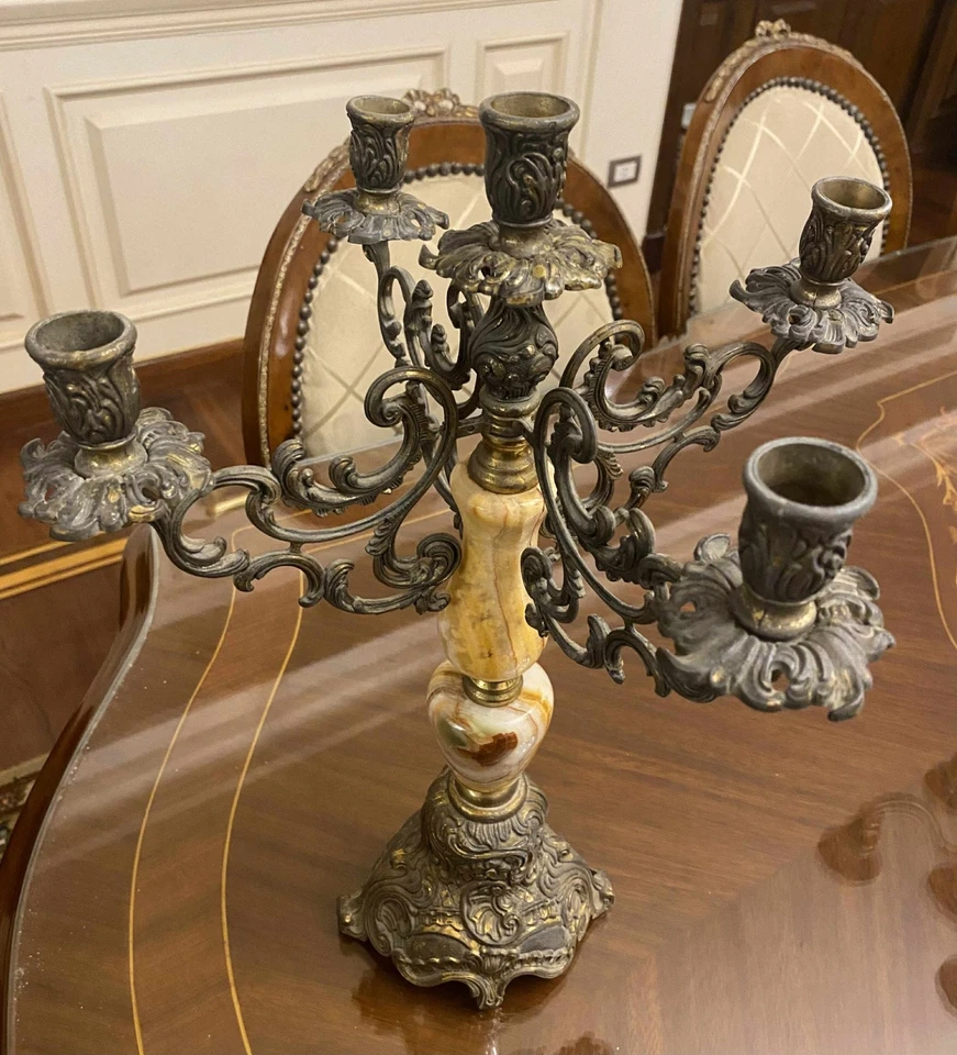 Candeeiro de mesa antigo castiçal bronze mármore Art Nouveau barroco - Imagem 2 de 4