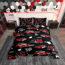 Kids Red Black Race Car Bedding Set Queen Size, Speed Sports Car Comforter Se...