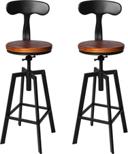 Set of 2 Industrial Bar Stools with Backrest Swivel Wooden Seat Height Adjustabl
