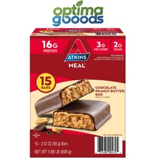 Atkins Chocolate Peanut Butter Meal Bars 15 Ct – 16g Protein, High Fiber.