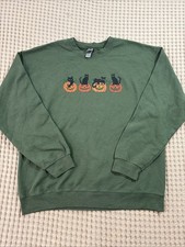 Green Sweatshirt With Black Cats And Pumpkins Jack-O-lanterns Halloween Size L