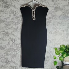 Fashion Nova Black Rhinestone V-Neck Strapless Midi Bodycon Dress Sleeveless L