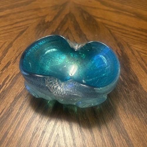 Glass Bowl Made In Murano Italy Blue With Silver Murano Italy Sticker On Bottom