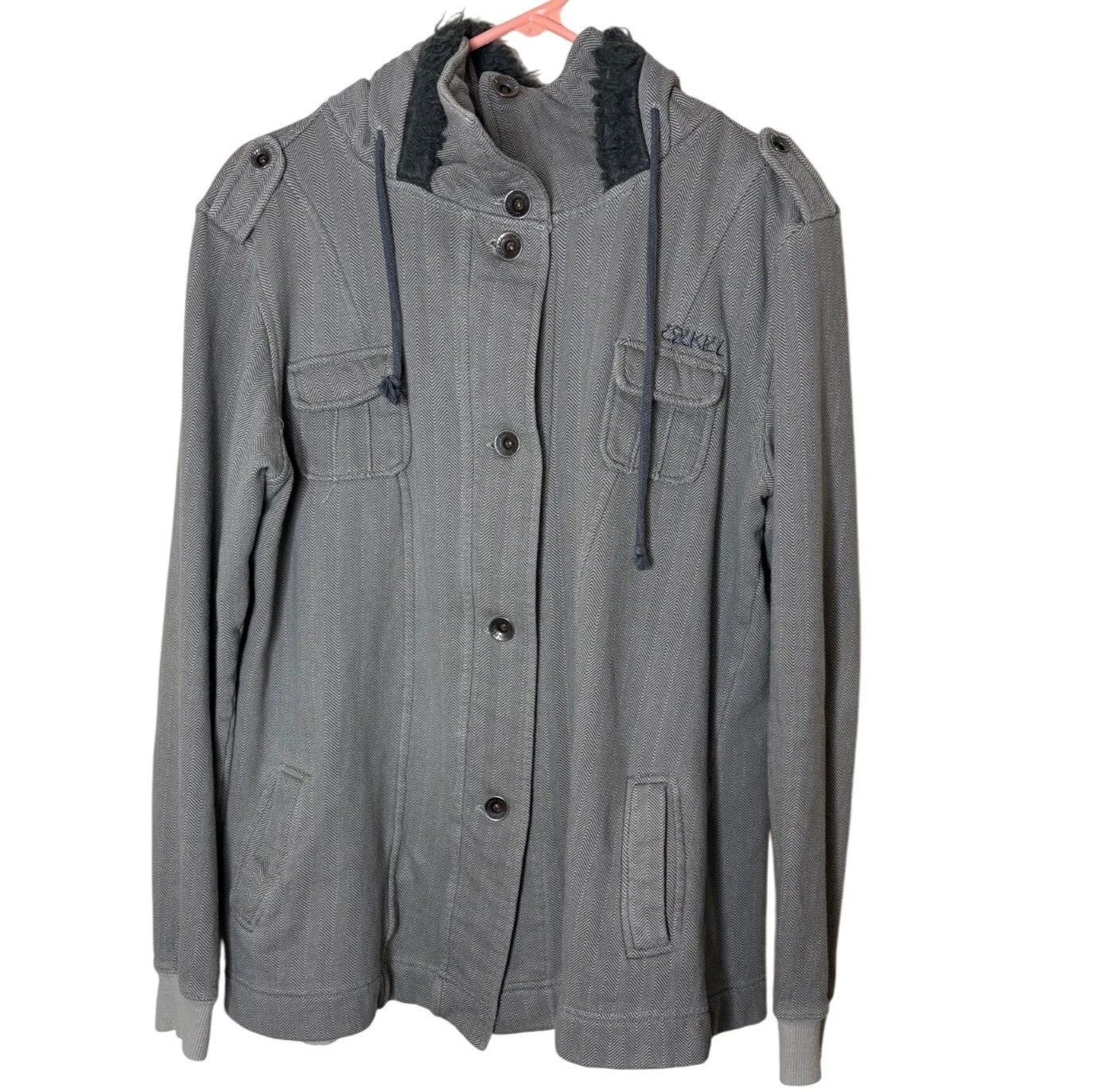 Ezekiel Herringbone Button Hoodie Jacket Gray Fleece Lined Pockets Y2K Men’s XL