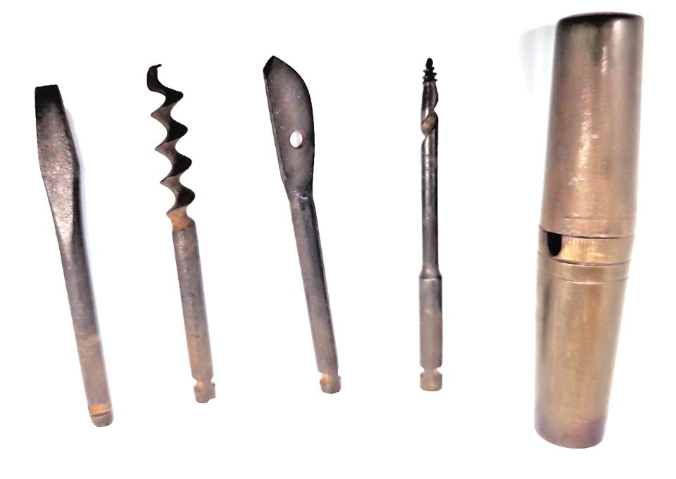 A WWII-era pocket multi-tool combo with corkscrew, screwdriver, knife, and drill — genuine wartime utility in a pocketable package with serious collector appeal.