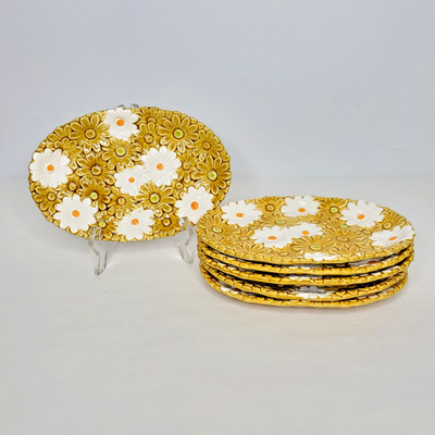 Vintage Fred Roberts Set of 6 Golden Harvest Daisy Floral Oval Plates Dishes