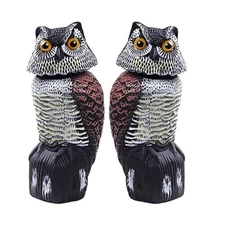 2X Fake Owl Decoy Rotating Head Realistic Plastic Sculptures to Scare Birds Away