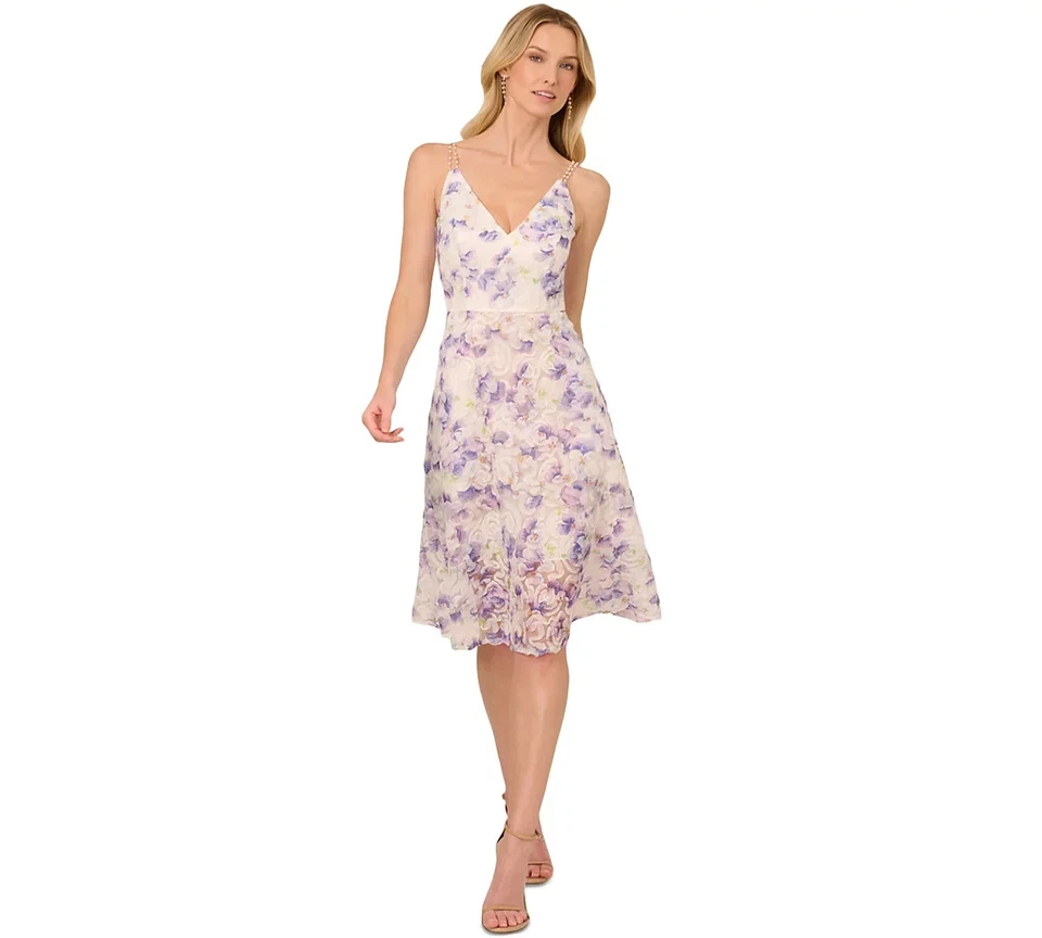 Adrianna Papell X6020 Floral Embellished-Strap A-Line Dress, Ivory Multi, US 6 - Image 4 of 4