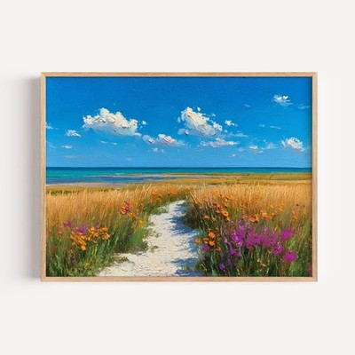 Vibrant Coastal Meadow Canvas Print, Sunny Ocean Beach Path Wall Art, Impasto